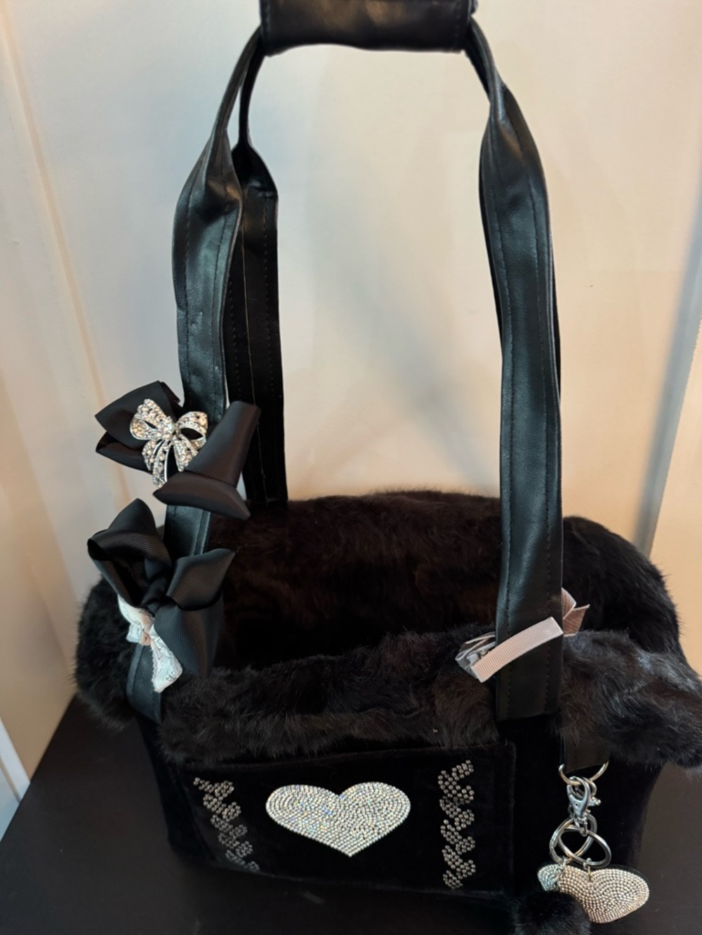 Custom Handmade Black Small Pet Carrier w/Rhinestones - Picture 6 of 16